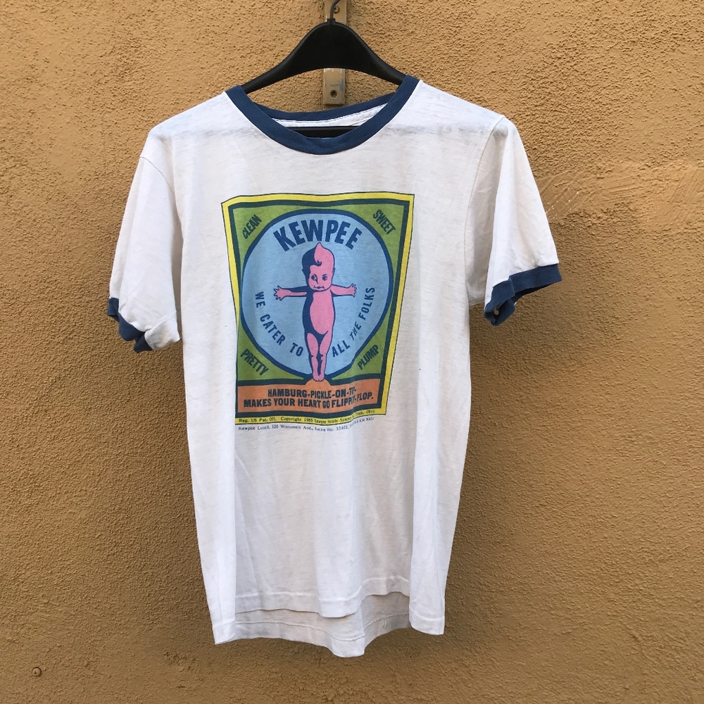 Vintage 80s 90s KEWPIE White Blue Ringer Tee
